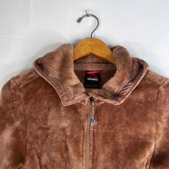 Gerry Brown Fuzzy Hooded Full Zip Sweater Jacket Zip Pockets Size Small - Picture 7 of 13